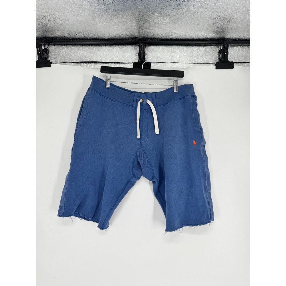 Polo Ralph Lauren Sweat Shorts Mens Large Blue Cotton Fleece Drawstring Raw Hem